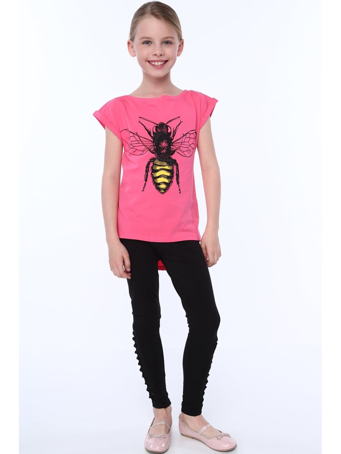 Girls\' T-shirt with a bee, amaranth NDZ8211 - Online store - Boutique